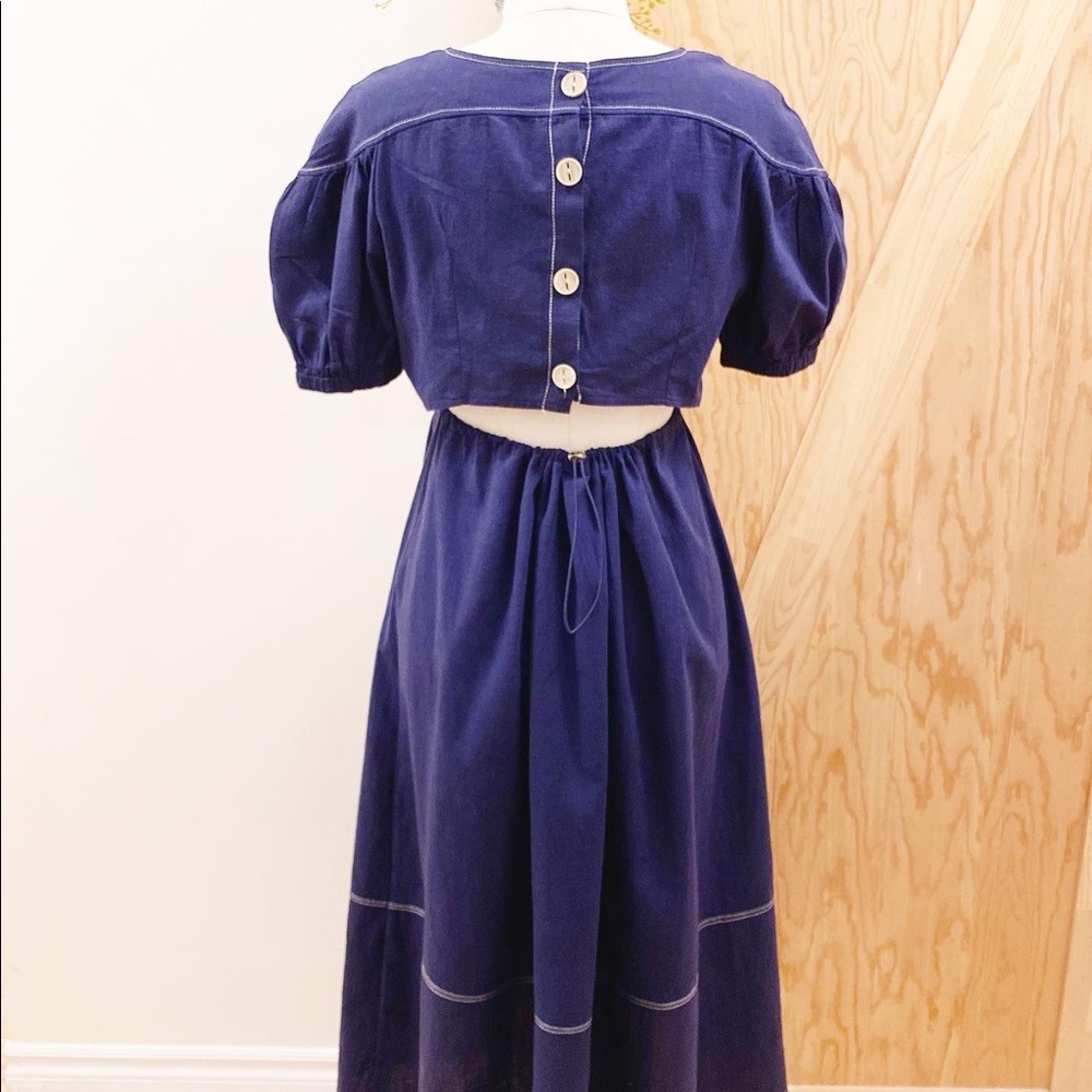 Navy cottagecore poplin linen blend midi dress